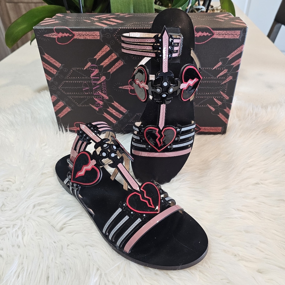 Valentino Garavani Pink and Black Heart Sandals